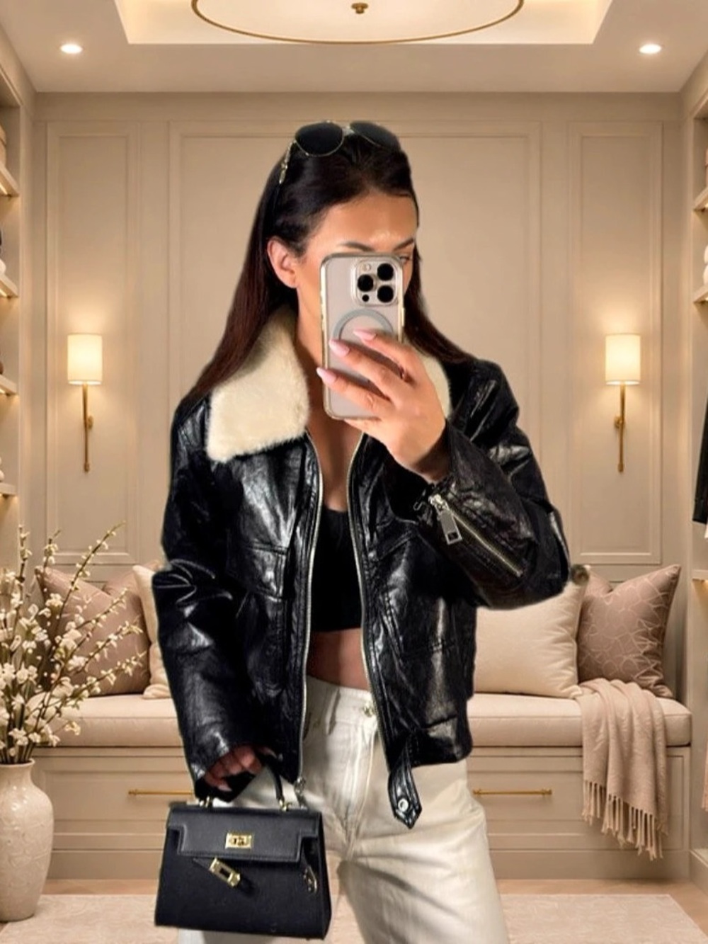 NWT - Rebecca Minkoff Faux Shearling Collar Leather Jacket in Black